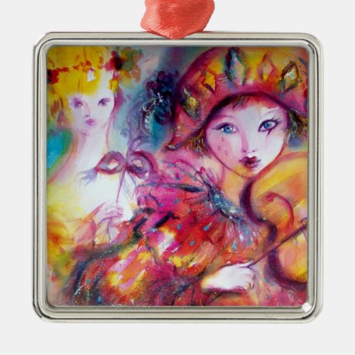 ARLECCHINO AND COLOMBINA pink red Heart Metal Ornament
