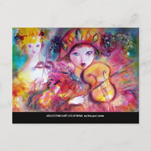 ARLECCHINO AND COLOMBINA Venetian Masquearde Masks Invitation Postcard