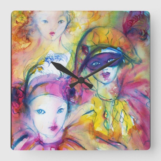 ARLECCHINO PIERO AND COLOMBINA SQUARE WALL CLOCK (Front)