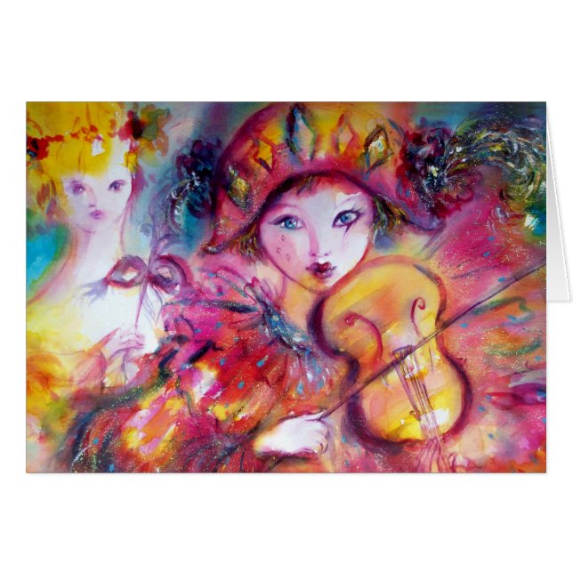 Arlecchino Playing Violin and Colombina Cards (Front Horizontal)