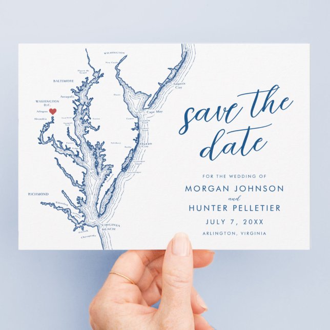 Arlington Virginia Map Modern Wedding Save The Date (Arlington Virginia Wedding save the dates with modern navy blue typography from coastal map designs)