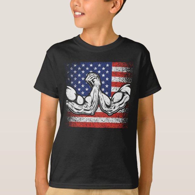 Arm Wrestling USA Flag Arm Wrestling Sport Power T-Shirt (Front)