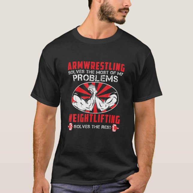 Arm Wrestling Weightlifting Barbell USA Flag T-Shirt (Front)