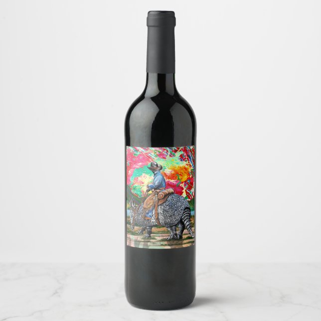Armadillo Cowboy Abstract Sunset Wine Label (Front)
