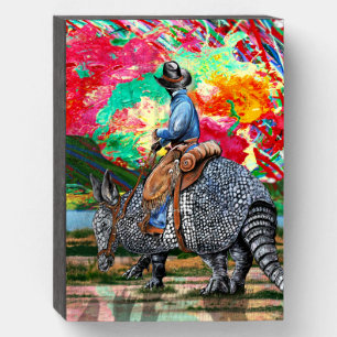 Armadillo Cowboy Abstract Sunset Wooden Box Sign