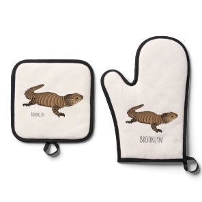 Armadillo girdled lizard cartoon illustration  oven mitt & pot holder set
