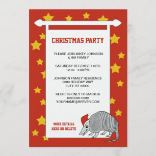 Armadillo Santa Stars Christmas Party Vintage Red Invitation