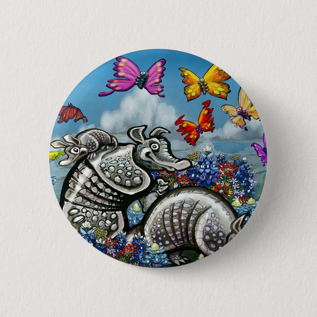 Armadillos Bluebonnets Butterflies Wildflowers Pinback Button (Front)