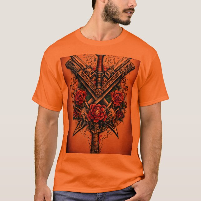 Armament Ink: Dynamic Weapons Tattoo Design T-Shirt (Front)