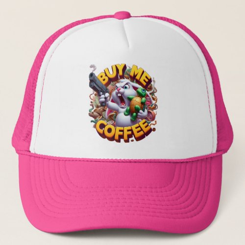 Armed Bunny and Turtle Duel Buy Me A Coffee Trucker Hat