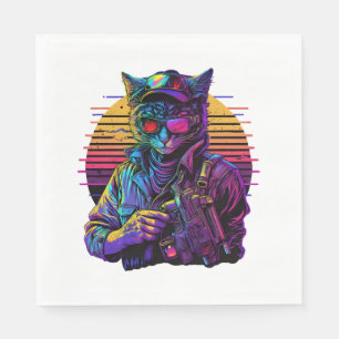Armed Cat in Night City Cyberpunk Game Napkins
