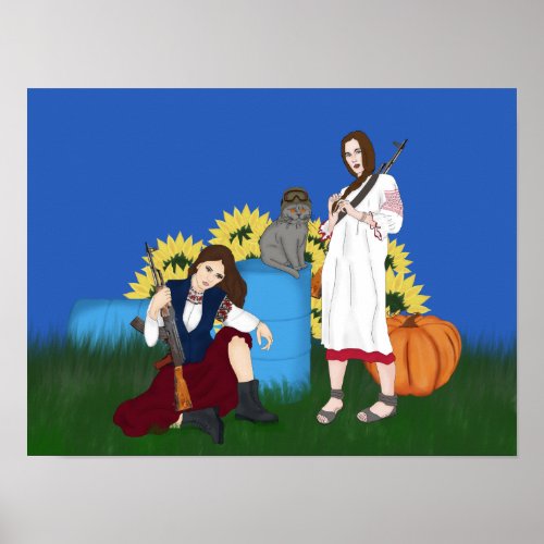 Armed Ukrainian women with cat Sunflwers  Poster