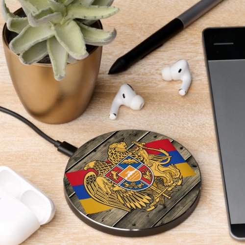 Armenia Rustic Wood Armenian Coat of Arms flag Wireless Charger