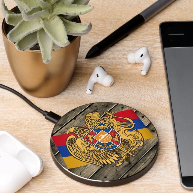 Armenia Rustic Wood, Armenian Coat of Arms, flag Wireless Charger (Desk 2)