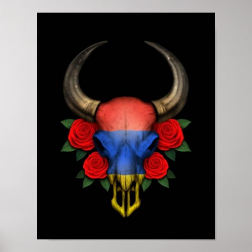 Armenian Flag Bull Skull with Red Roses Poster