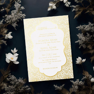 Armenian White Pearl Stone Gold Muslim Wedding Foil Invitation
