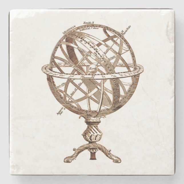 Armillary Celestial Sphere Vintage Sepia Stone Coaster (Front)