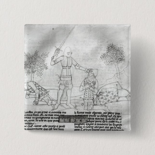 Arming a knight on a battlefield pinback button (Front)