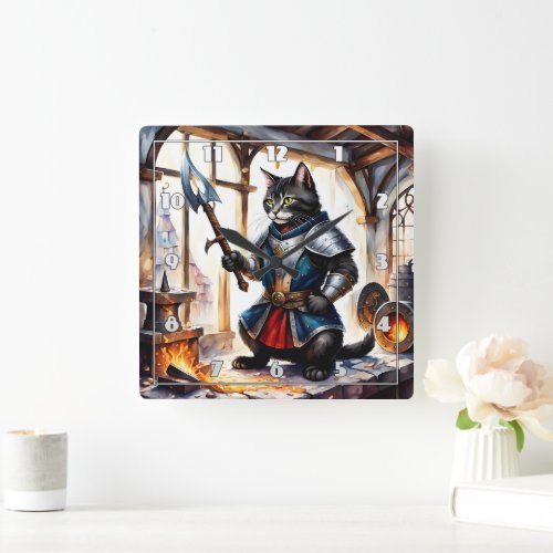 Armored Cat Holding Spear in Blacksmith Workshop Square Wall Clock