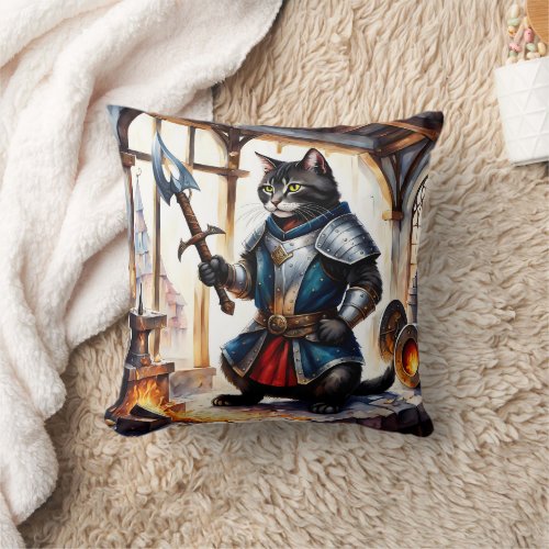 Armored Cat Holding Spear in Blacksmith Workshop Throw Pillow