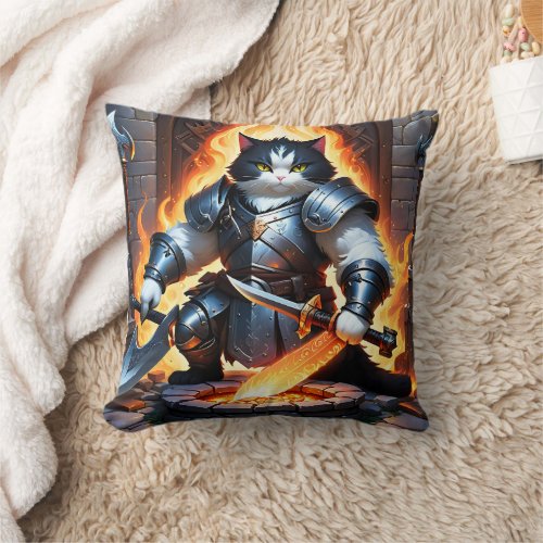 Armored Cat Preparing for Battle in Fiery Setting Throw Pillow