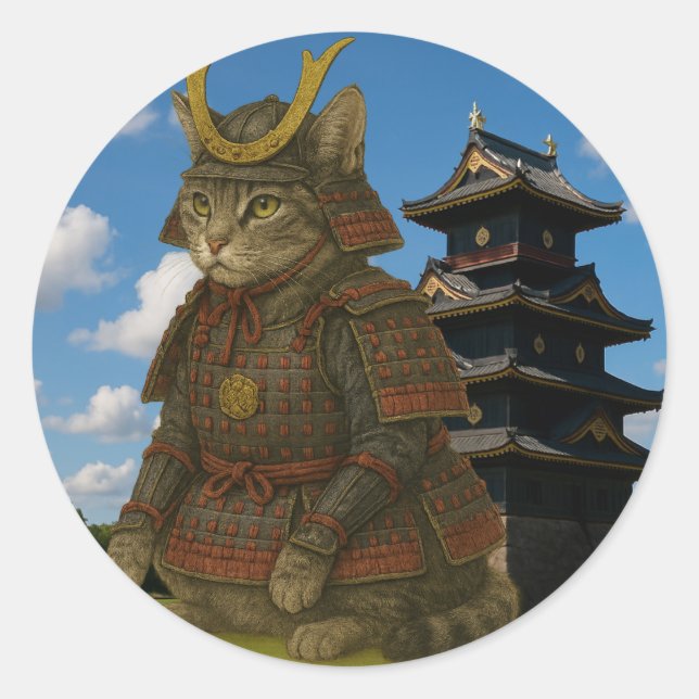 Armored Cat Warrior Illustration Classic Round Sticker (Front)