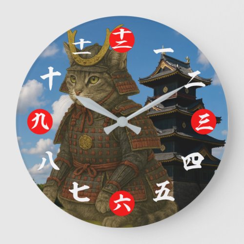 Armored Cat Warrior Illustration Large Clock