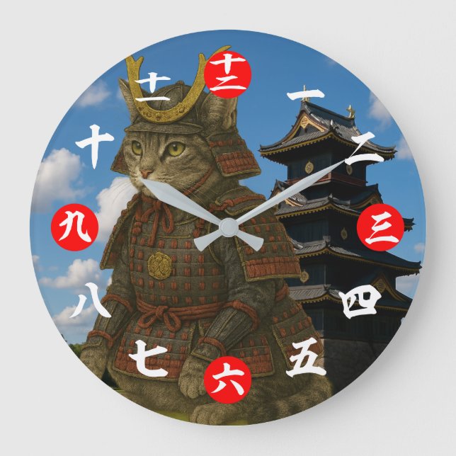 Armored Cat Warrior Illustration Large Clock (Front)