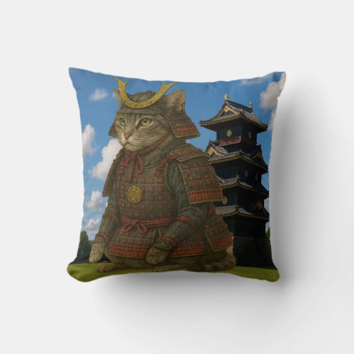 Armored Cat Warrior Illustration Throw Pillow