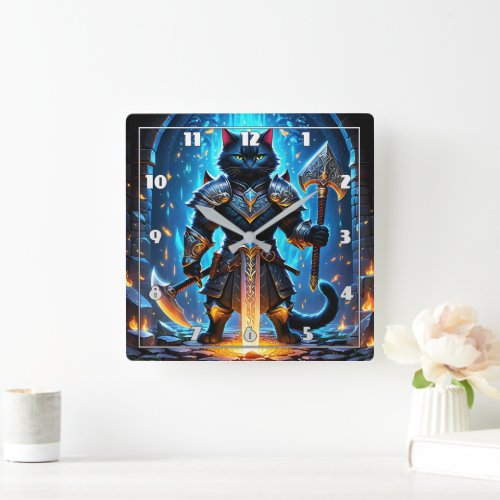 Armored Cat Warrior in a Mystical Setting Square Wall Clock