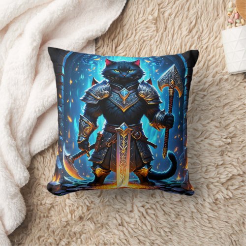 Armored Cat Warrior in a Mystical Setting Throw Pillow