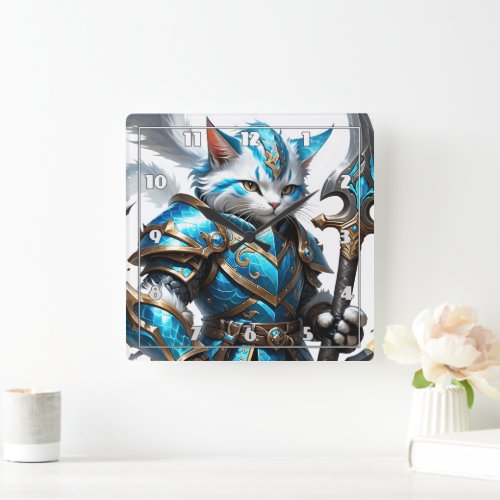 Armored Cat Warrior in Blue Armor With Staff Square Wall Clock