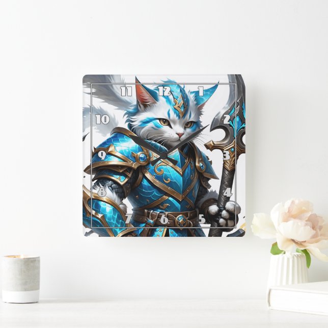 Armored Cat Warrior in Blue Armor With Staff Square Wall Clock (Home)
