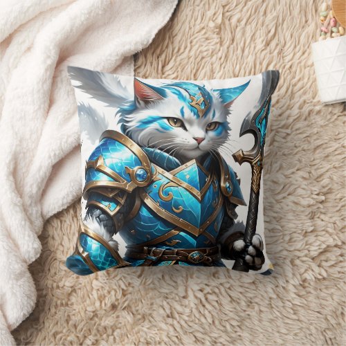 Armored Cat Warrior in Blue Armor With Staff Throw Pillow