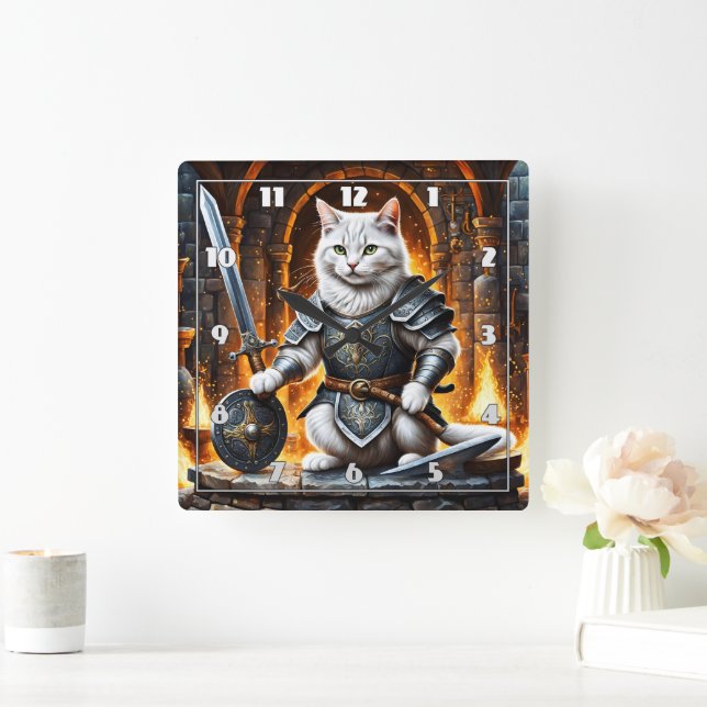 Armored Cat With Sword and Shield Square Wall Clock (Home)