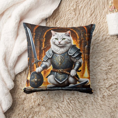 Armored Cat With Sword and Shield Throw Pillow