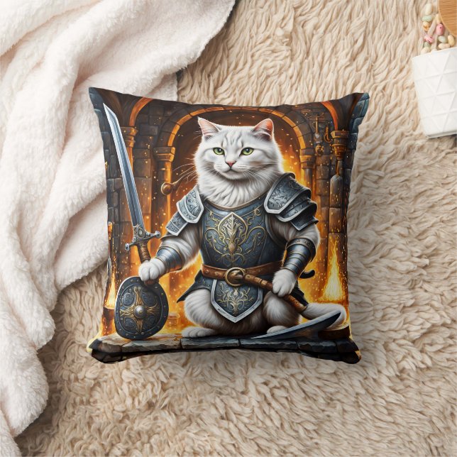 Armored Cat With Sword and Shield Throw Pillow (Blanket)