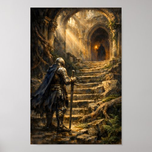 Armored Knight Facing Cloaked Figure in temple Poster