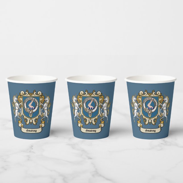 Armstrong Clan Badge Blue Personalized Paper Cups (Multi)