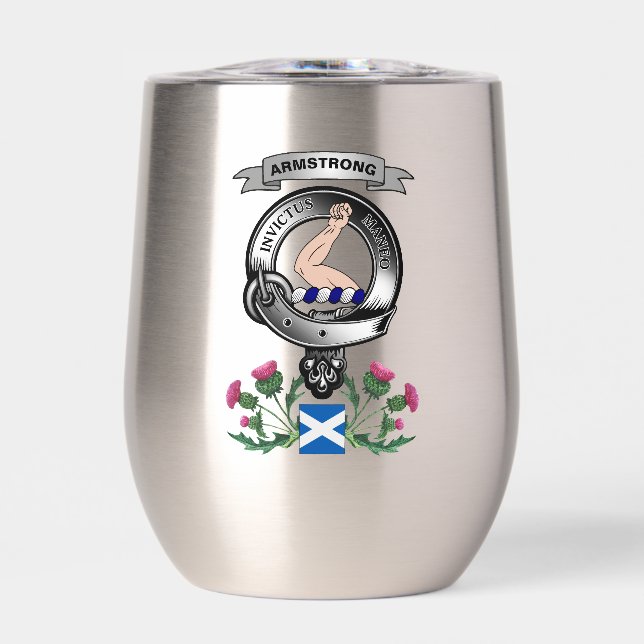 Armstrong Personalized Clan Badge/Tartan Bagpipes Thermal Wine Tumbler (Front)