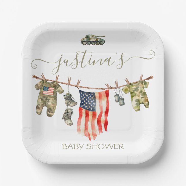 Army American Flag Baby Shower Clothesline Paper Plates (Front)
