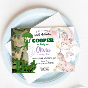 Army and Unicorn Birthday Invitation Boy & Girl