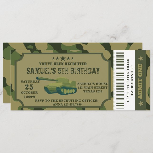 Army Birthday Party invitation ticket  (Front/Back)