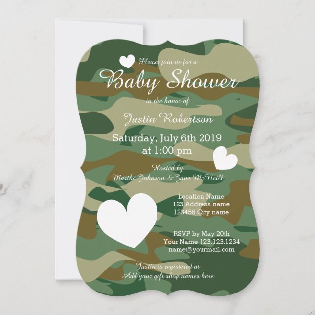 Army camo baby shower invitations with cute hearts (Front)