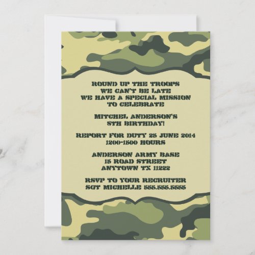 Army Camo Birthday Party invites green camouflage