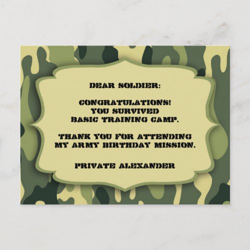 Army Camo Birthday Party Thank you Note Postcard