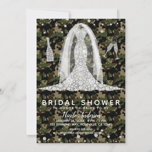 Army Camo Diamond Wedding Dress Bridal Shower Invitation
