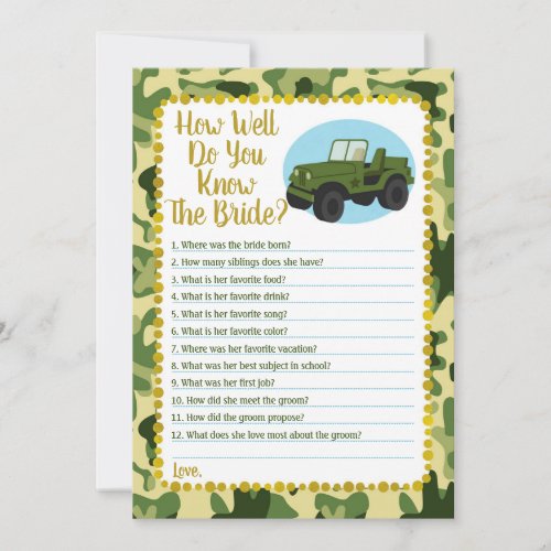 Army Camo How Well Do You Know The Bride Game Invitation