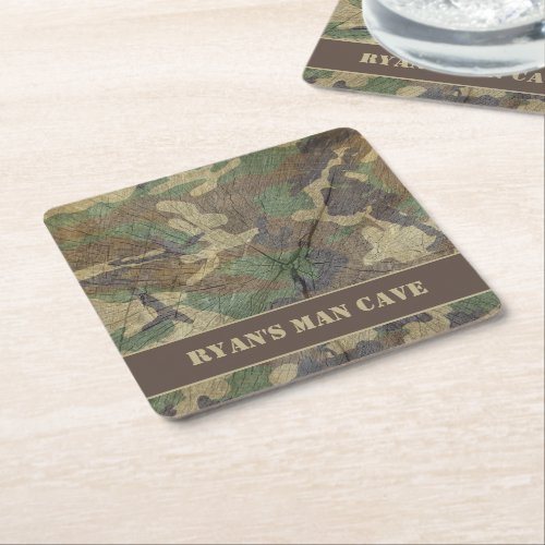 Army Camo Wood Texture Camouflage Green Man Cave Square Paper Coaster