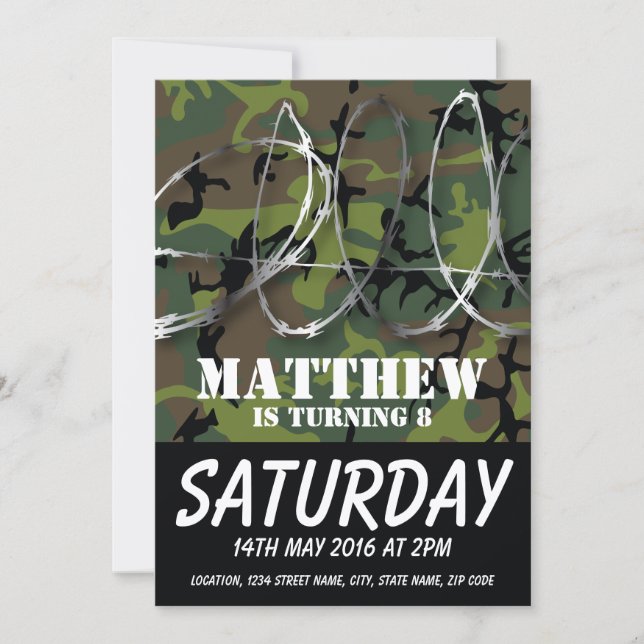 Army Camouflage Barbed Wire Kids Birthday Invitation (Front)